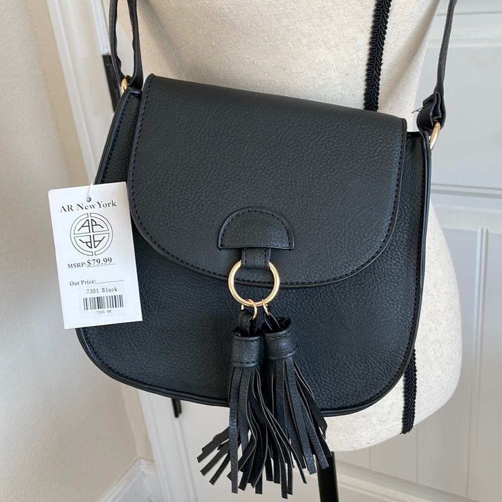 NWT| Vegan Leather Black Tassel Crossbody Bag | Color: Black with Gold H…